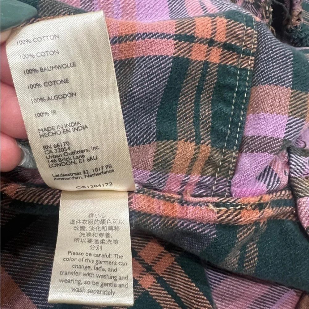 We The Free | Oversized Frayed Plaid Button Up Shirt Pink & Green - Picture 7 of 12